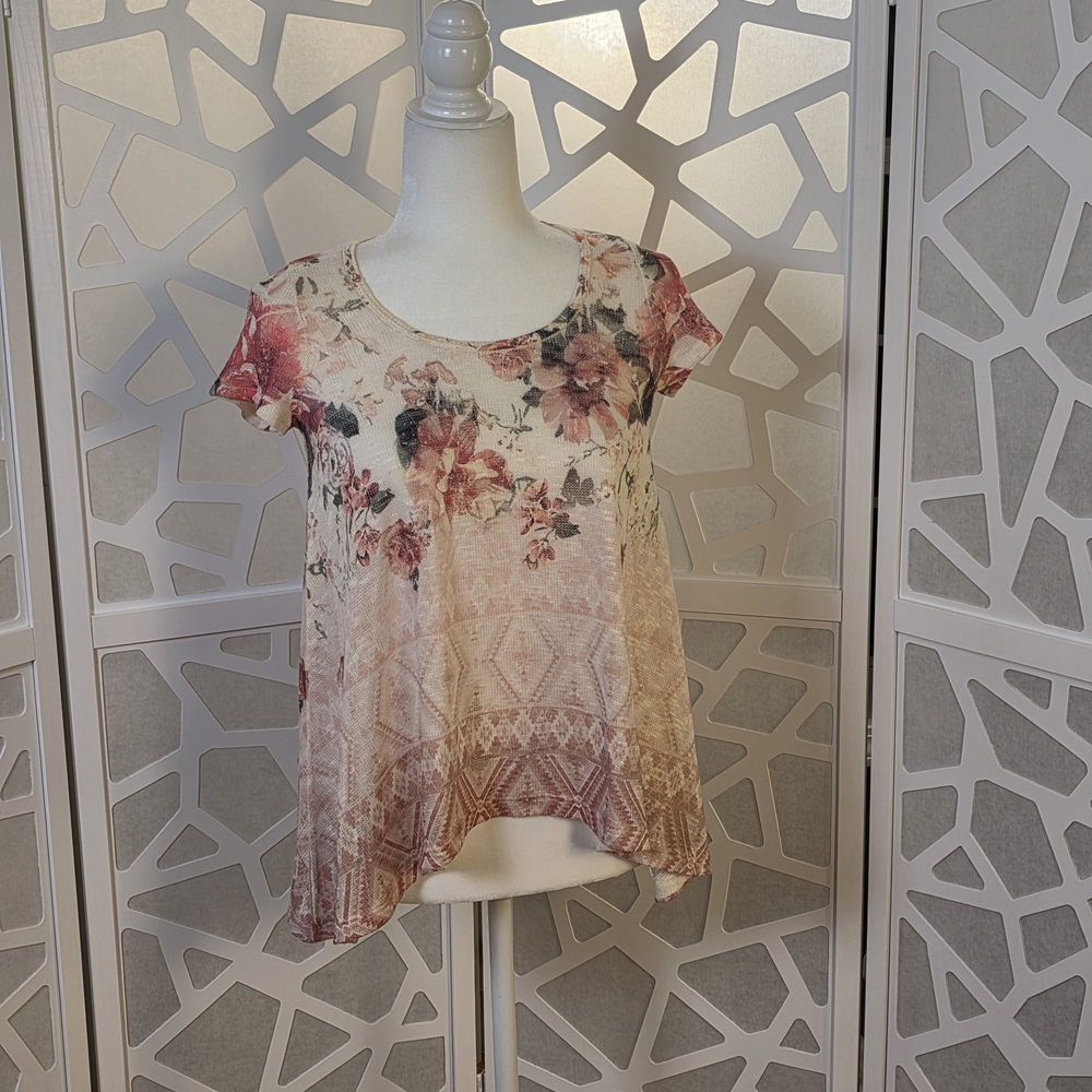 Papaya Pink and Cream Floral Blouse Medium